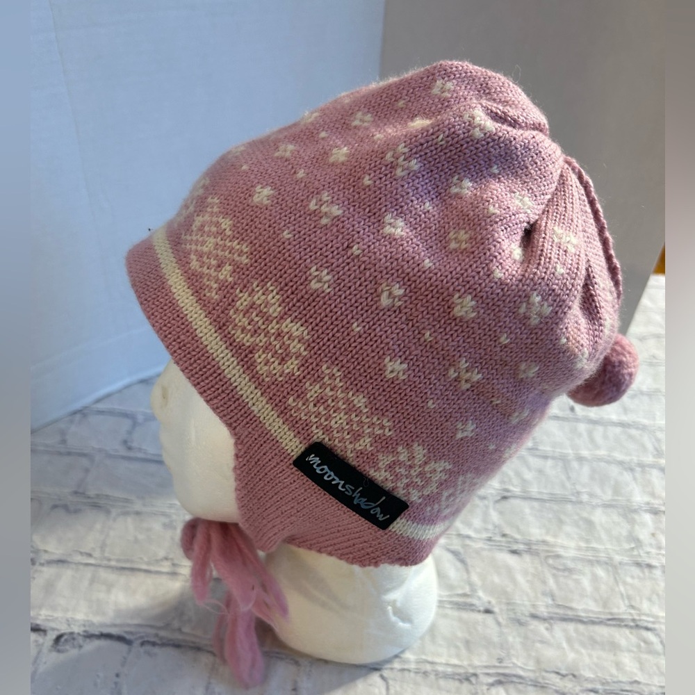 MOON SHADOW 100% WOOL PINK/IVORY PATTERN STRING POM CHIN STRAPS WINTER HAT O/S
